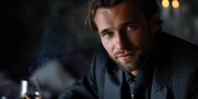 Elegant man enjoying a drink in a dimly lit lounge, exuding charm and sophistication during an evening outing photo