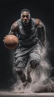 Dynamic basketball player dribbling on court with dust clouds during intense training session at dusk photo