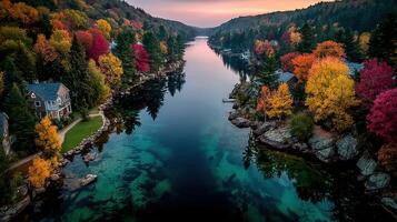 Colorful autumn foliage overlooking a serene lake at dusk with reflections on the water photo