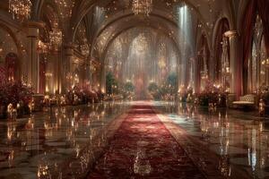 Enchanting ballroom adorned with chandeliers and candlelight during a grand event in the evening photo