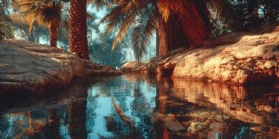 Serene oasis at sunset with palm trees and reflective waters creating a tranquil atmosphere in nature photo