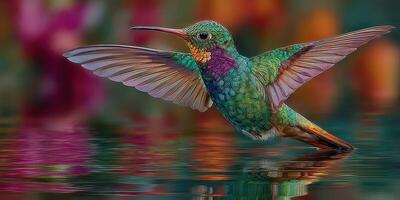 Colorful hummingbird hovering over a still pond surrounded by flowers in a vibrant garden photo