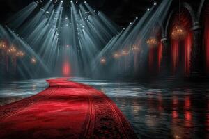 Elegant red carpet entrance illuminated by dramatic lighting in a grand hall at night photo