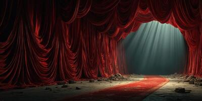 Red velvet curtain with a spotlight shining on a lonely carpet leading to an empty stage in an abandoned theater photo