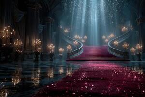 Luxurious grand staircase illuminated by beams of light in an opulent hall with sparkling chandeliers photo
