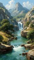 Majestic waterfall cascades into serene river amidst rugged mountains during sunny day in a tranquil natural setting photo