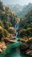 Majestic waterfall cascading through rocky landscape in serene mountain setting during the day photo