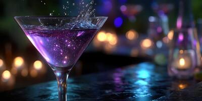 Colorful martini glass with cosmic liquid and splashing water in a vibrant bar setting at night photo