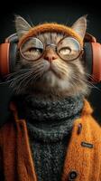 Cool cat in stylish outfit with glasses and headphones showcasing a modern look indoors photo