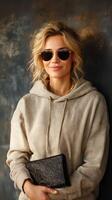 Casual woman wearing sunglasses and a hoodie poses confidently against a textured background in a stylish setting photo