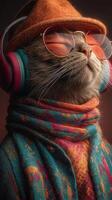 Cat dressed in stylish accessories enjoying music with sunglasses and headphones in a cozy setting photo
