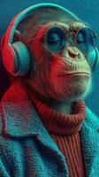 Cool monkey wearing headphones and sunglasses enjoys music in a vibrant urban setting photo
