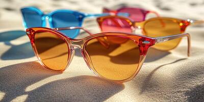 Colorful stylish sunglasses arranged on warm beach sand under bright sunlight showcasing fun summer vibes and accessories photo