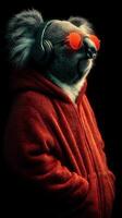 Koala wearing red hoodie and sunglasses listens to music while standing against a dark background photo