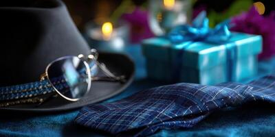 Stylish accessories arranged on a table for a special occasion at a cozy setting in the evening photo