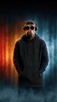 Creative representation of a person in a horse mask wearing headphones in a dramatic setting with contrasting lighting photo