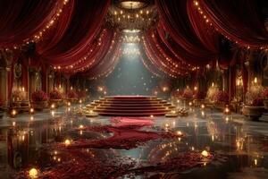 Elegant ballroom with red drapes and illuminated stage during a lavish evening celebration photo