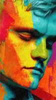 Vivid portrait of an individual with bold colors and textures highlighting emotions and artistic expression photo
