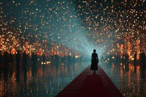 Spectacular evening gala with a figure on a red carpet under illuminated stars photo