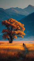 Beautiful autumn walk through a vibrant landscape with a parent and child near a majestic tree photo