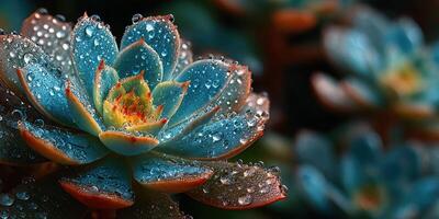 Beautiful succulent plant covered in droplets after rain in a serene garden setting during late afternoon light photo