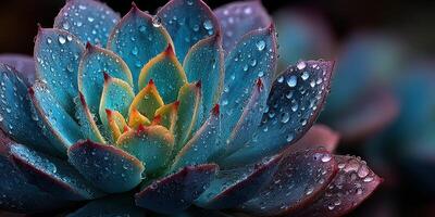 Close-up of a vibrant succulent plant adorned with droplets after rain in a serene garden setting photo
