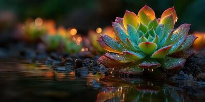 Vibrant succulent glistening with water droplets by a tranquil pond at dusk photo