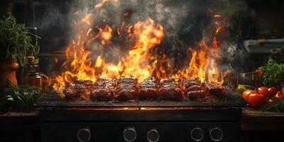 Grilling beef steaks over an open flame in a backyard setting during late afternoon photo
