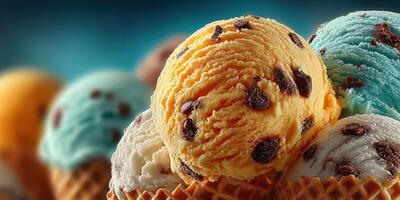 Ice cream scoops in various flavors piled in waffle cones on a bright summer day photo