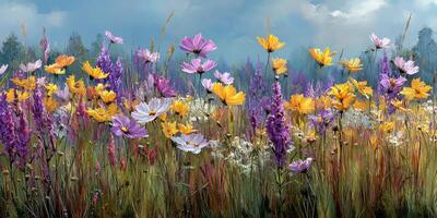 Colorful wildflower meadow blooms under a bright sky in early summer capturing the essence of nature's beauty photo