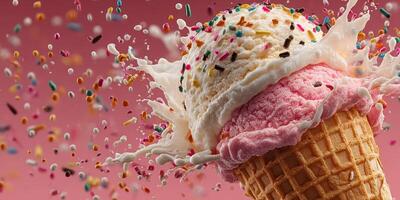 Delicious ice cream cone overflowing with pink and white scoops topped with colorful sprinkles against a vibrant background photo