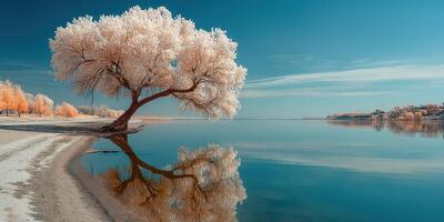 Majestic tree by tranquil river reflecting stunning colors at dawn photo