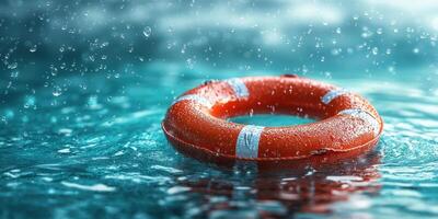 Bright red lifebuoy floating on turquoise water during rainfall creates a striking contrast against nature's backdrop photo