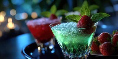 Colorful fruit cocktails with fresh mint and raspberries served at a vibrant evening gathering photo