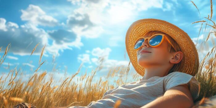 Boy enjoys a sunny day in a golden field wearing sunglasses and a straw hat while lying back and soaking in nature photo