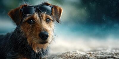 Dog wearing sunglasses enjoys sandy beach on a sunny day, showcasing playful and relaxed vibe photo