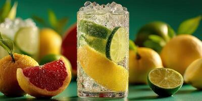 Refreshing citrus drink with sparkling water and fresh fruits on display in a bright setting photo