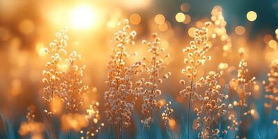 Golden sunlight filters through wildflowers at sunset in a serene field photo