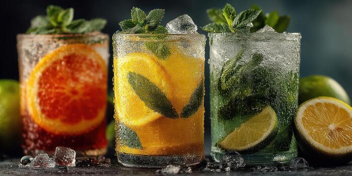 refrescante bebidas con agrios y menta guarnaciones desplegado en un oscuro superficie foto