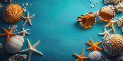 Beach-themed decoration with seashells and sunglasses on a vibrant blue background photo