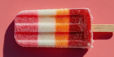 Colorful frozen treat on a wooden stick with vibrant layers captured on a pink background during bright daylight photo
