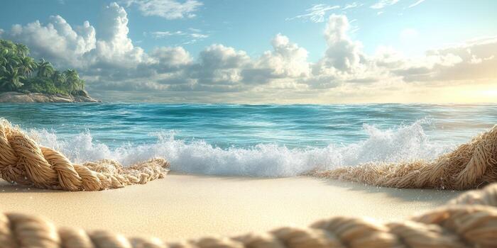 Serene beach view with gentle waves and lush greenery at sunset time captures nature's beauty and tranquility photo