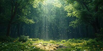 Sunlight filters through a dense forest, illuminating a serene clearing with lush greenery and scattered golden leaves photo