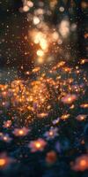 Flowers bloom under golden sunlight with shimmering particles in a picturesque outdoor setting during evening hours photo