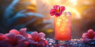 Refreshing tropical drink garnished with a flower and surrounded by petals during sunset photo