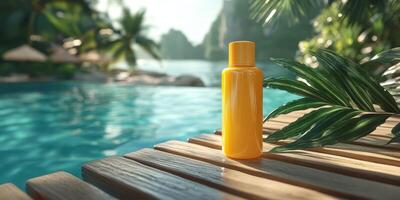 Bright yellow bottle near a tranquil pool surrounded by lush greenery during a sunny day photo