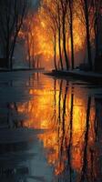 Golden autumn leaves reflect on calm water during sunset in a serene park photo