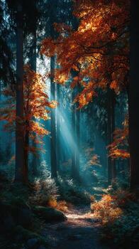Enchanted forest with autumn leaves and sunlight filtering through trees at dawn photo