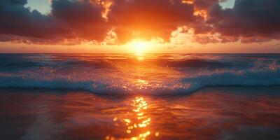 Beautiful sunset over the ocean with vibrant colors reflecting on the water surface at twilight photo
