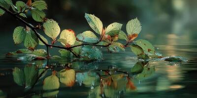 Lush green leaves glisten on a tranquil lake surface during early morning light in a serene natural setting photo
